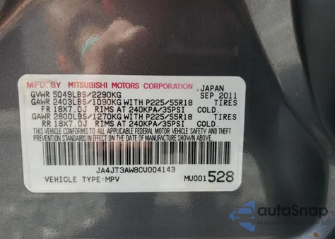 2012 Mitsubishi Outlander Se z USA, uszkodzony, nr VIN JA4JT3AW8CU004143
